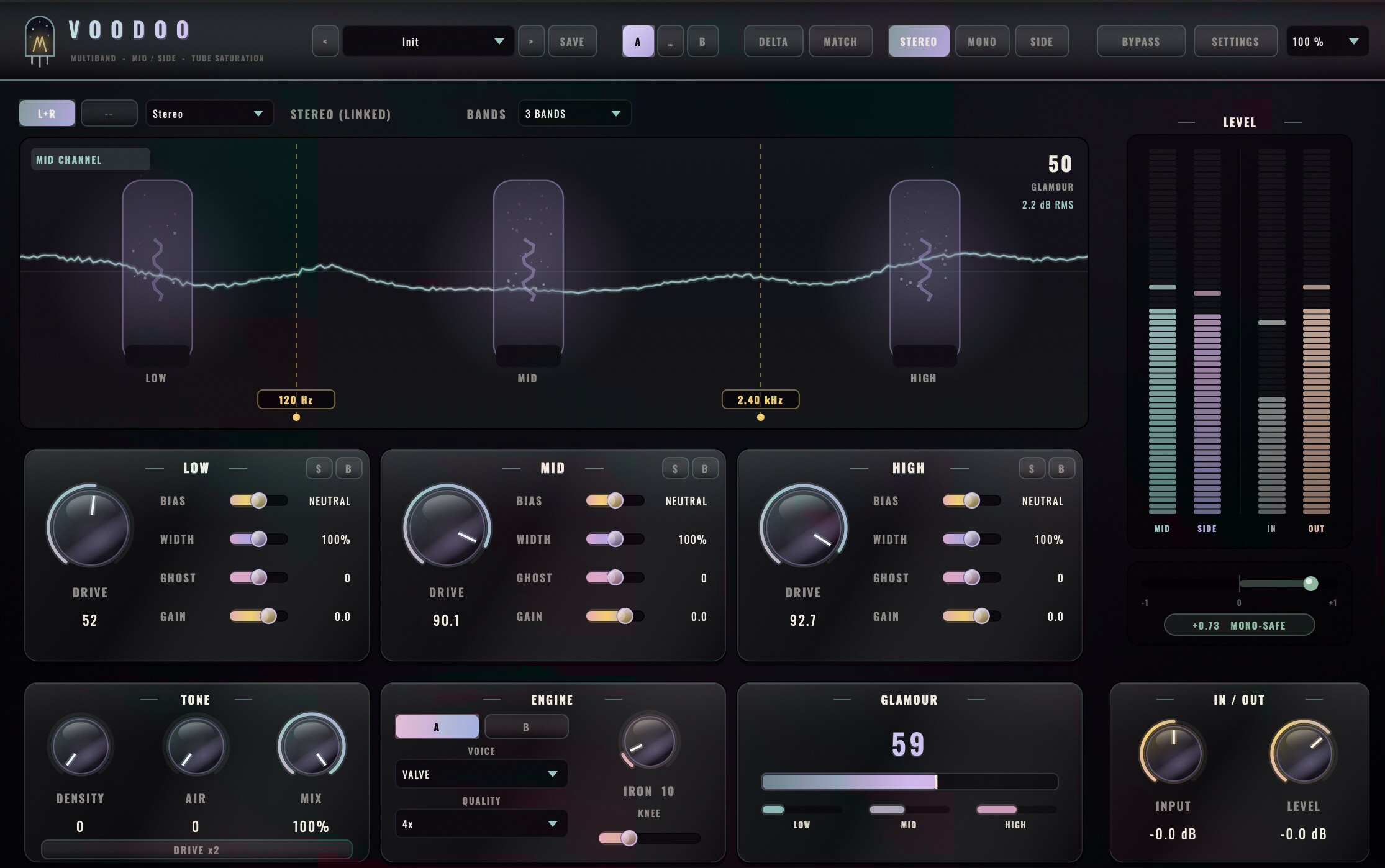 VOODOO: three glowing valves in a smoked glass window above three band cards, each with DRIVE, BIAS, WIDTH, GHOST and GAIN, mid and side pages, global DENSITY, AIR, MIX and IRON